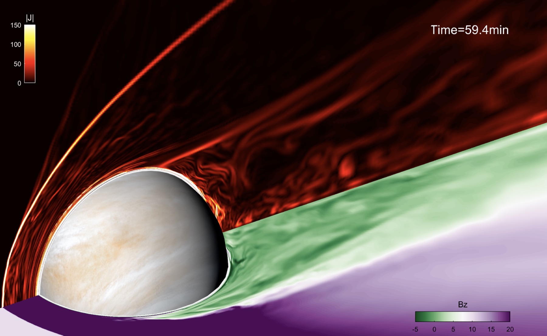Simulation of the solar-wind interaction with Venus showing current density and magnetic-field structure